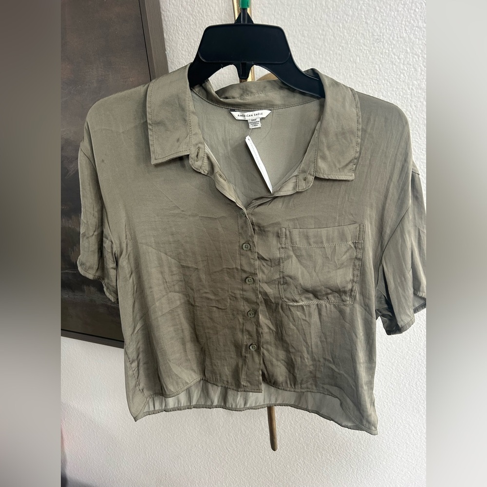 AE Satin Olive Green Button-Up Shirt - Picture 3 of 6